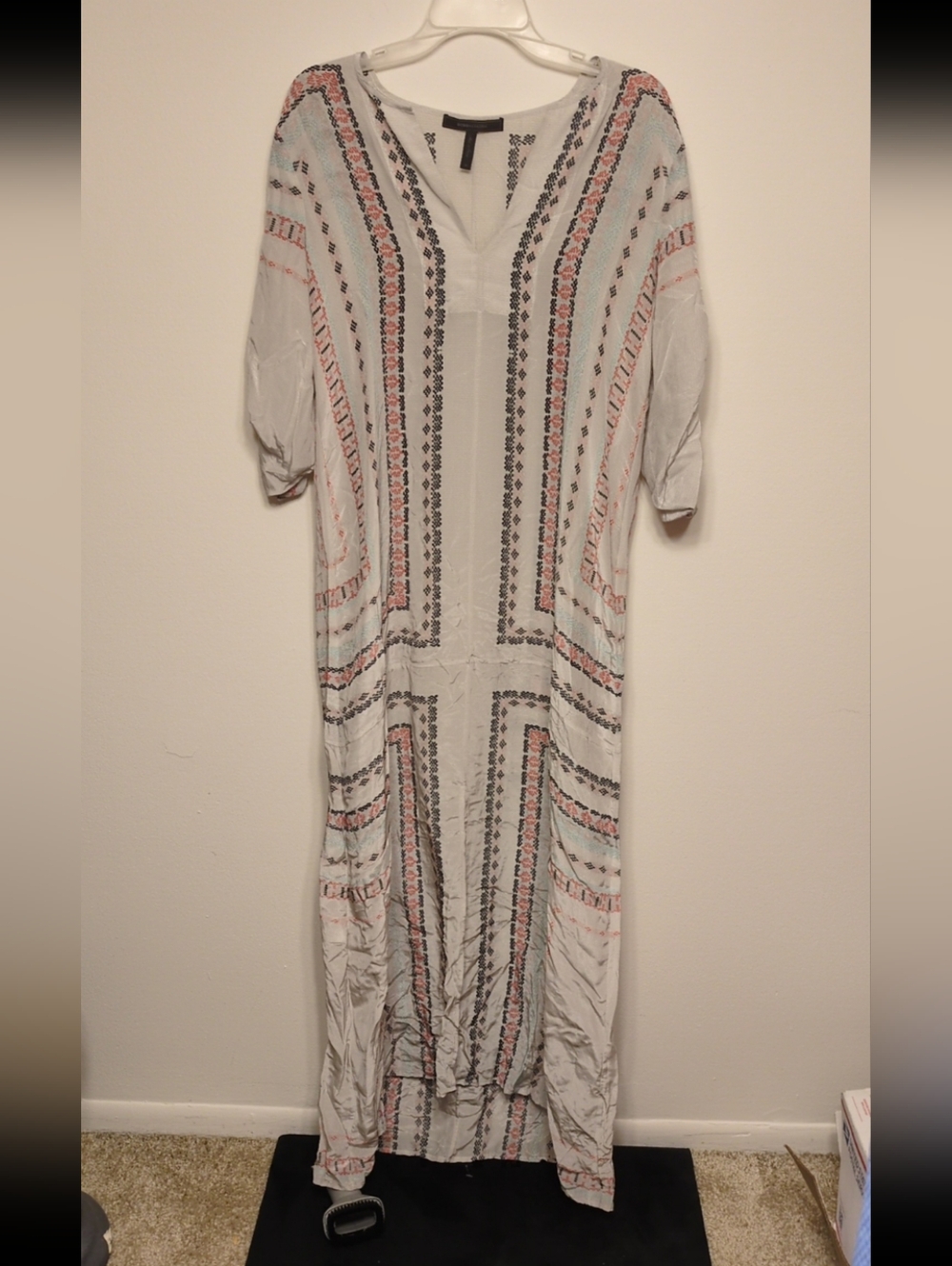 BCBGMaxAzria Cream Maxi Dress with Pink and Light Blue Embroidery